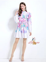 Retro Lantern Sleeve Printed Dress