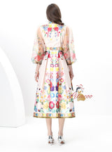 Vintage V-neck Gauze Lantern Sleeve Printed Dress