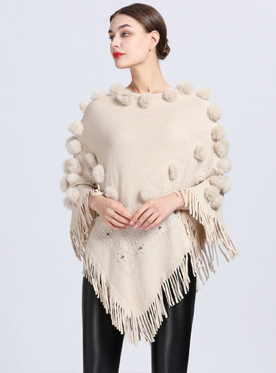 Fringed Fur Ball Round Neck Shawl Cloak