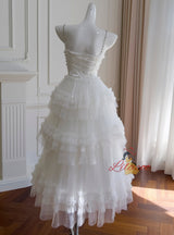 White Tulle Lace Tiers Formal Prom Dress