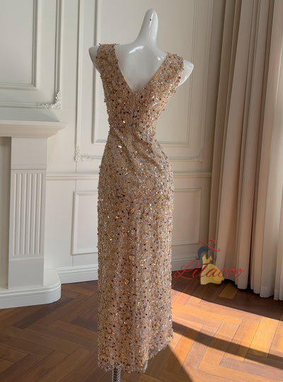 Gold Sequins V-neck Beading Prom Dress