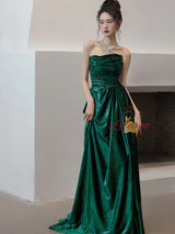 Simple Green Strapless Pleats Prom Dress