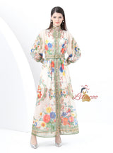 Retro Stand-up Lantern Sleeve Printed Dress