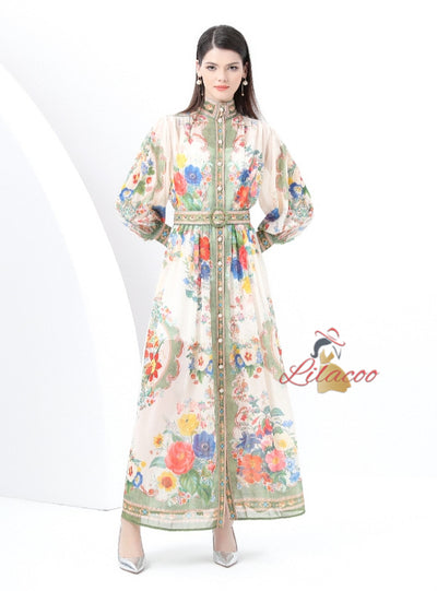 Retro Stand-up Lantern Sleeve Printed Dress
