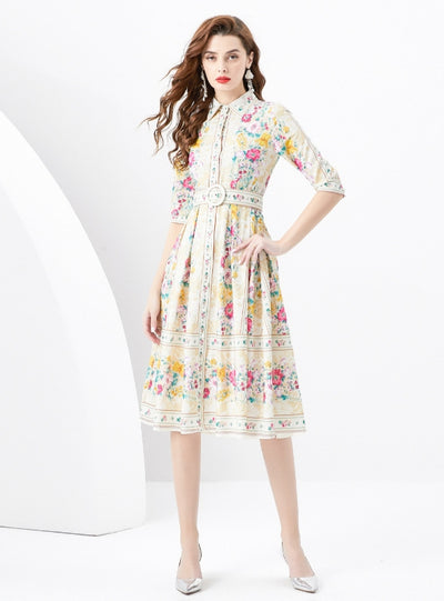 Retro Palace Short Sleeve Lapel Printed Dress