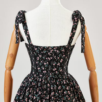 A-Line Black Spaghetti Straps Print Beading Prom Dress