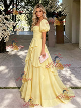 Yelow Tulle Puff Sleeve Pleats Prom Dress