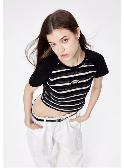 Color Matching Striped Short-sleeved T-shirt