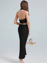 Satin V-neck Drill Chain Slim Dress