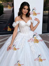 White Tulle Off the Shoulder Appliques Quinceanera Dress