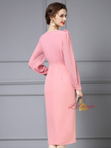 Pink Long Sleeve Flower Mother Of The Bride Dress