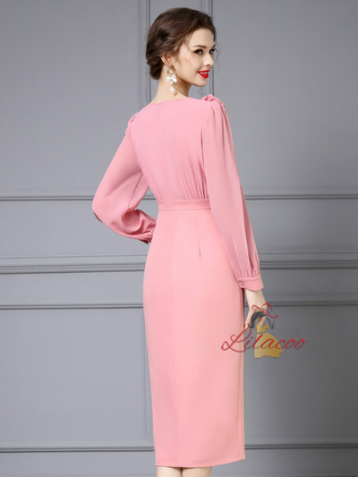 Pink Long Sleeve Flower Mother Of The Bride Dress
