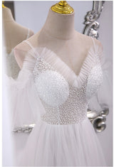 Blue Tulle Spaghetti Straps Beading Prom Dress