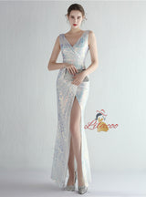 Mermaid V-neck Sequins Split Prom Dress