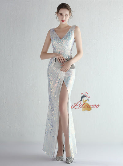 Mermaid V-neck Sequins Split Prom Dress