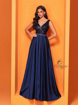 Dark Blue V-neck Satin Prom Dress