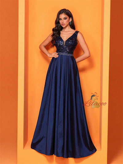 Dark Blue V-neck Satin Prom Dress