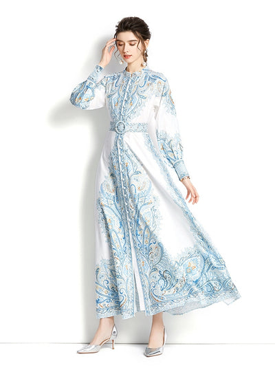 Long Sleeve Printed Dress with Belt