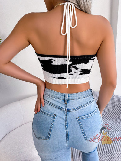Cow's Striped Suspender Top Navel Sweater