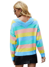 V-neck Knitted Long Sleeve Striped Sweater