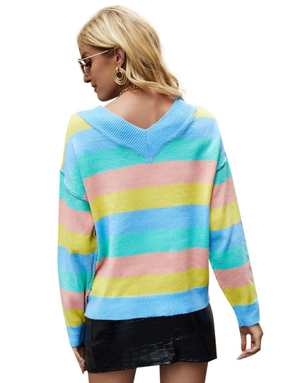 V-neck Knitted Long Sleeve Striped Sweater