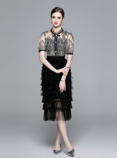 Short-sleeved Bow Lace Gauze Dress