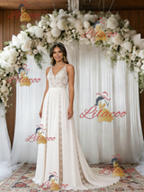 White Lace Chiffon Spaghetti Straps Wedding Dress
