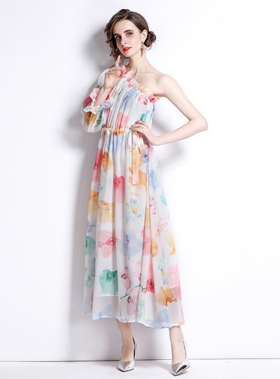 Bubble Sleeve Slim Print Dress