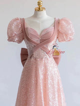 Pink Sequins Velvet Puff Sleeve Prom Dress