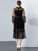 Lapel Bow Perspective Long-sleeved Polka-dot Dress