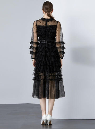 Lapel Bow Perspective Long-sleeved Polka-dot Dress