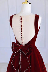 Burgundy Velvet Beading Bow See Through Prom Dress