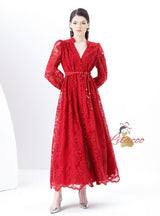 V-neck Lace Single-breasted Long Dress