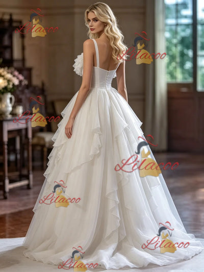 Ball Gown White Tulle Straps Wedding Dress