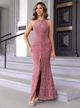 Sexy Slit Halter Sequins Dress
