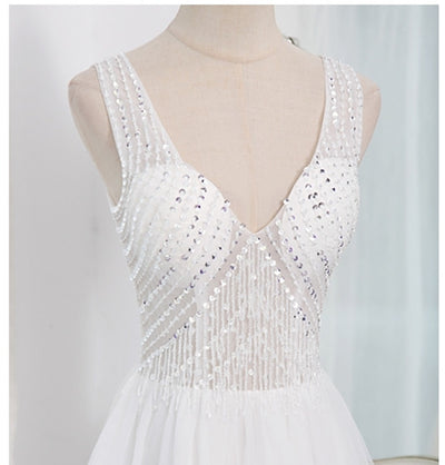 Blue Tulle V-neck Beading Prom Dress