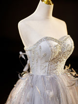 Gray Tulle Feather Beading Short Prom Dress