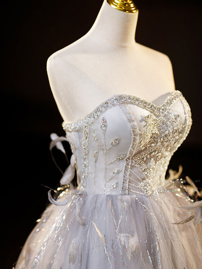 Gray Tulle Feather Beading Short Prom Dress