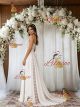White Lace Chiffon Spaghetti Straps Wedding Dress