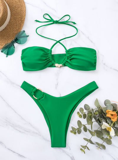 Green Halter Metal Ring Bikini