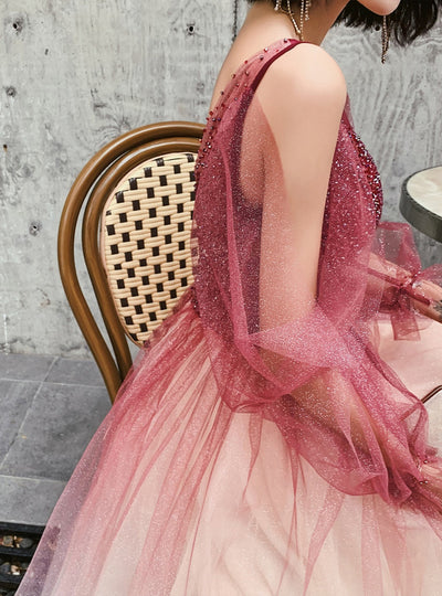 Burgundy Tulle Sequins Beading Long Sleeve Prom Dress