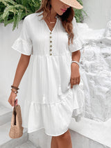 Solid Color Button Short Sleeve Fashion Dress