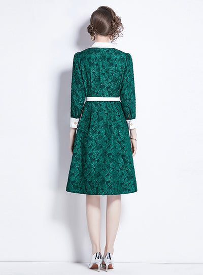 Contrast Lapel Jacquard Long Sleeve Dress