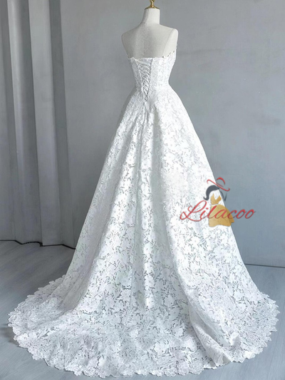 A-Line White Lace Strapless Wedding Dress