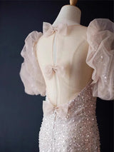 Pink Mermaid Sequins Puff Sleeve Prom Dress