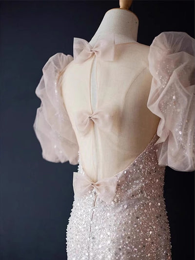 Pink Mermaid Sequins Puff Sleeve Prom Dress