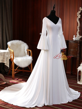White Satin V-neck Long Sleeve Wedding Dress