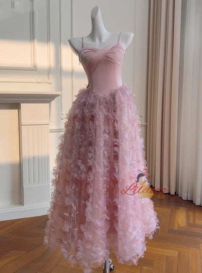 Pink Sequins Straps Sequins Flower Prom Dress