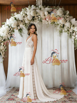White Lace Chiffon Spaghetti Straps Wedding Dress