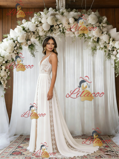 White Lace Chiffon Spaghetti Straps Wedding Dress